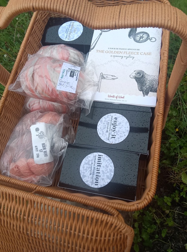 Top layer of picnic basket: World of Wool's Golden Fleece Mystery TdF Spin in 6 black boxes, with the spinalong guide booklet on top; and 150g of WoW's Something Fishy colourway (pink Corriedale/beige sari silk) from their 2025 Advent calendar, plus 50g already spun before TdF.